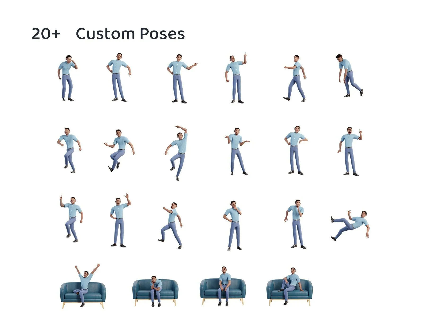 20+ pre-made poses for Cartoon Man Black 3D character
